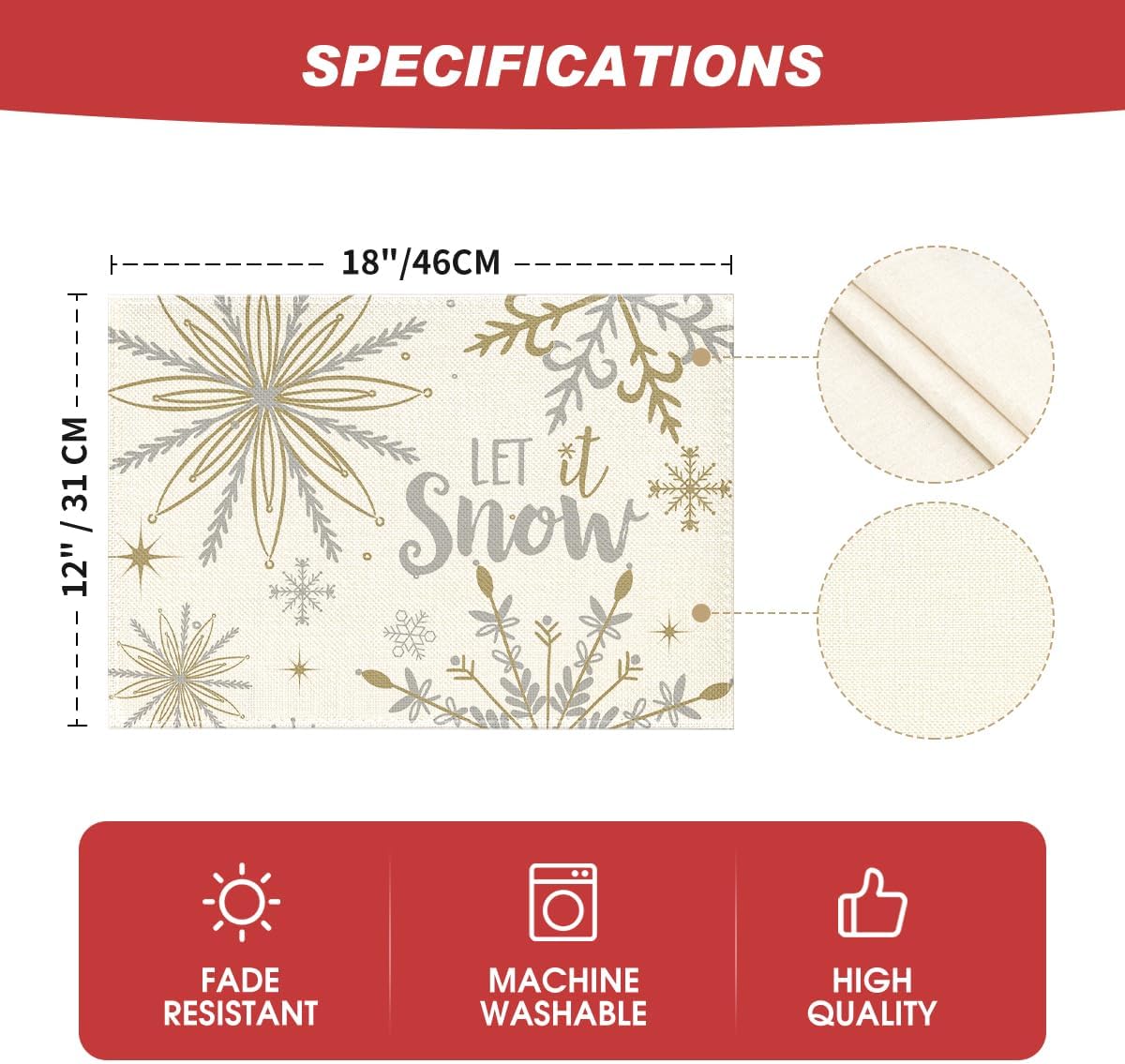 Artoid Mode Beige Snowflake Let It Snow Winter Placemats Set of 6, 12x18 Inch Seasonal Christmas Table Mats for Party Kitchen Dining Decoration