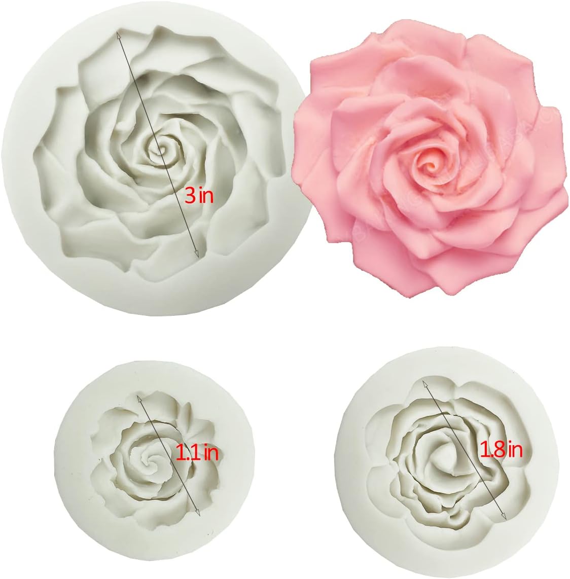 3D Rose Flower Fondant Silicone Molds, Set of 3 (3 rose flower)