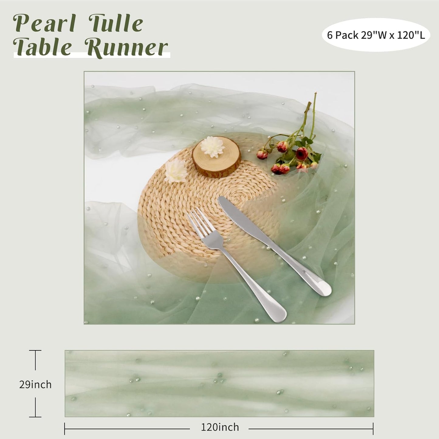 Set of 6 Pearl Table Runner 29 x 120 Inch Sage Green Tulle Fabric Lace Table Runners Boho Rustic Table Runners for Bridal Shower Birthday Party Wedding Arch Aisle Veil Dessert Table Decor(Sage Green)