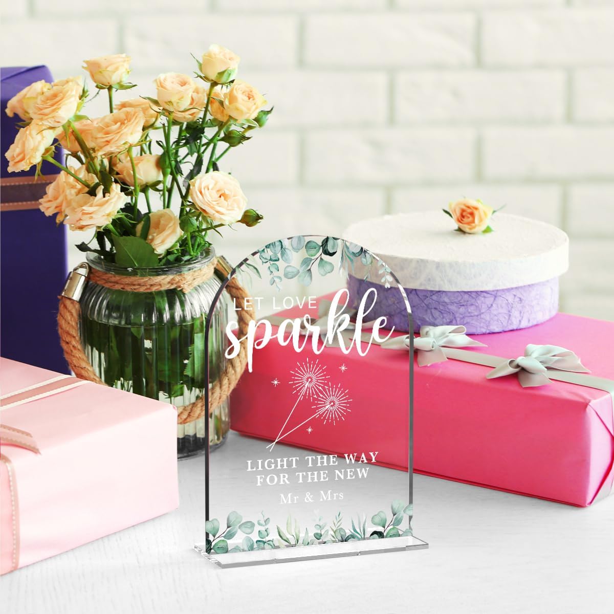 Acrylic Wedding Sign Let Love Sparkle Signs for Ceremony Modern Calligraphy Arch Acrylic Table Top Signs for Wedding Reception and Event Party Table Decor (Eucalyptus Leaves)