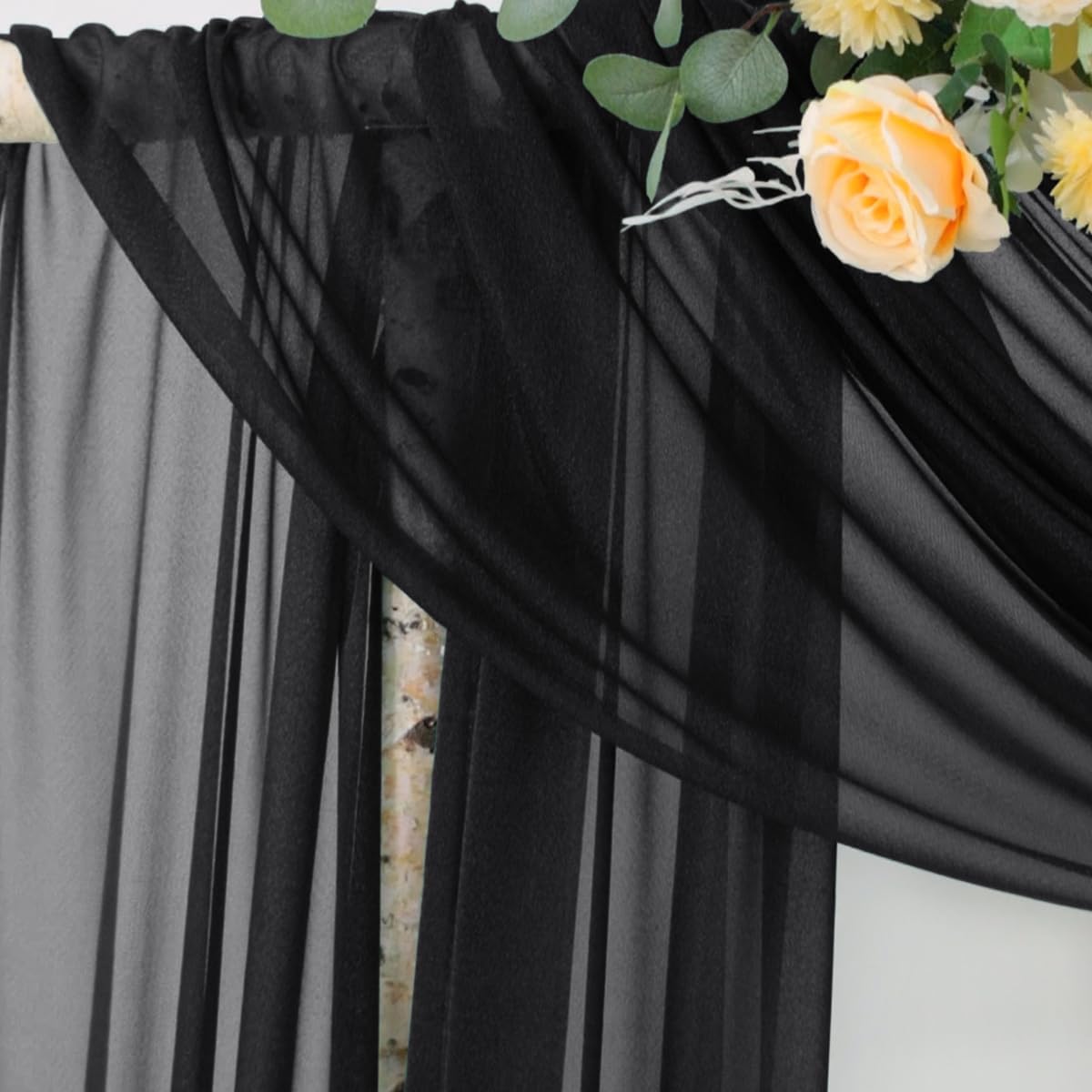 Socomi Black Sheer Gothic Wedding Draping Fabric 29" x 20Ft 4 Panel Outdoor Curtain Arch Drapes Extra Long for Bridal Baby Shower Ceremony Birthday Party Decor