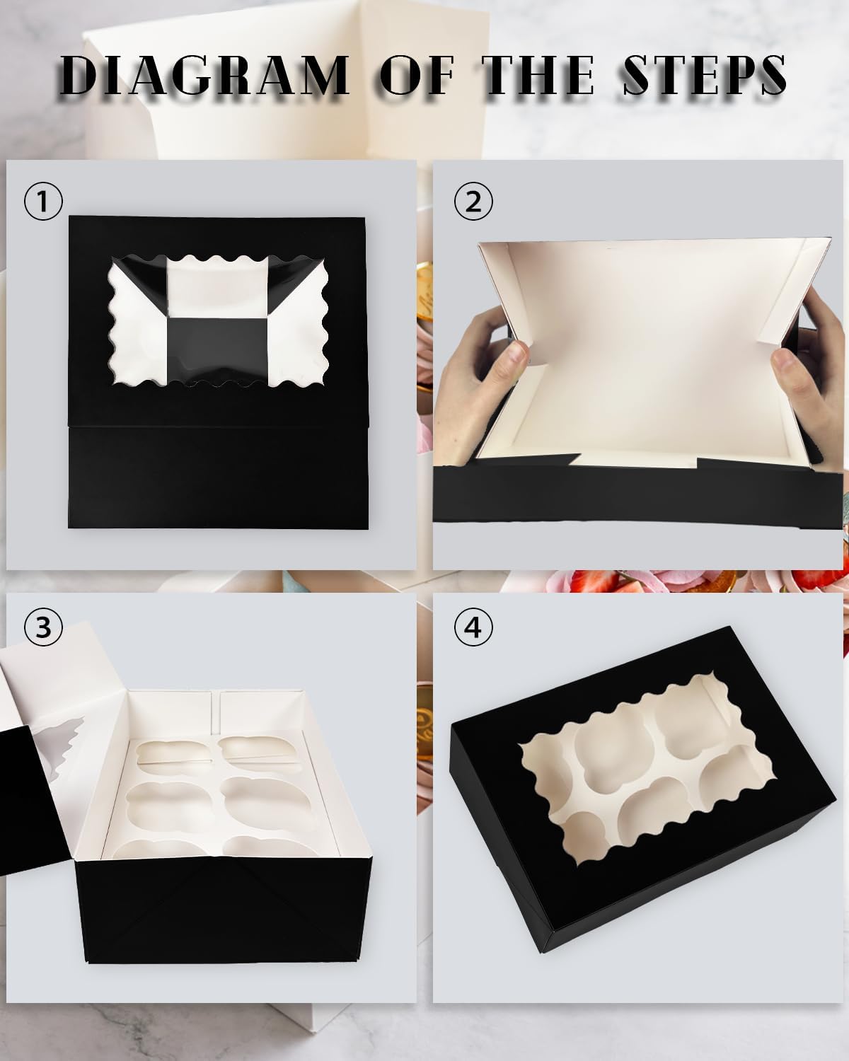 Bakepacker Auto-pop up 6 Cupcake Boxes with Window 20 Count Black Box 9.4 x 6.1 x 3 inch Cupcake Carrier