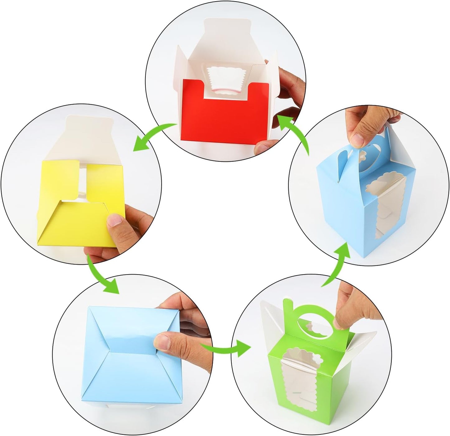 Individual Cupcake Boxes 4x4x5 Inches Disposable Pastry Tray Boxes, With Window Insert and Handle, Perfect for Parties, Birthdays, Bakery Wrapping and Events Containers (Yellow-25Pack)