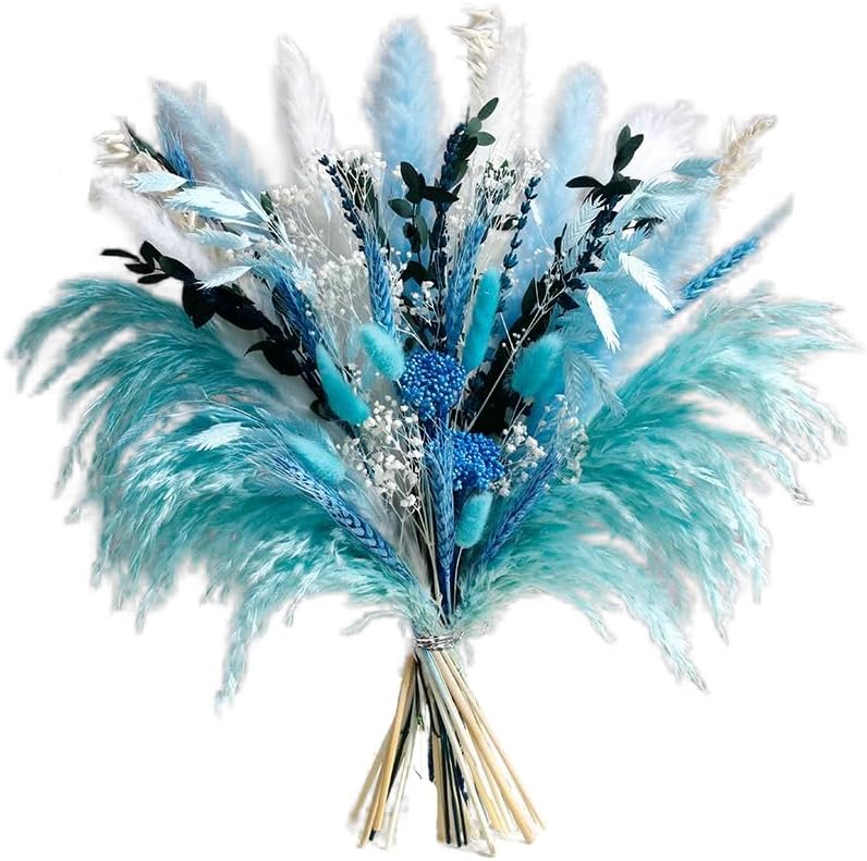 Blue Dried Flowers Bouquet with Pampas Grass - Boho Home Decor and DIY Floral Arrangements for Bedroom, Office, and Wedding Centerpieces