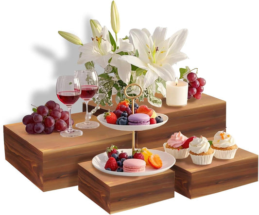4 Pcs Buffet Risers, Wood Food Riser Dessert Display Stand for Party Wood Cupcake Stands Nesting Box for Display (Burnt)