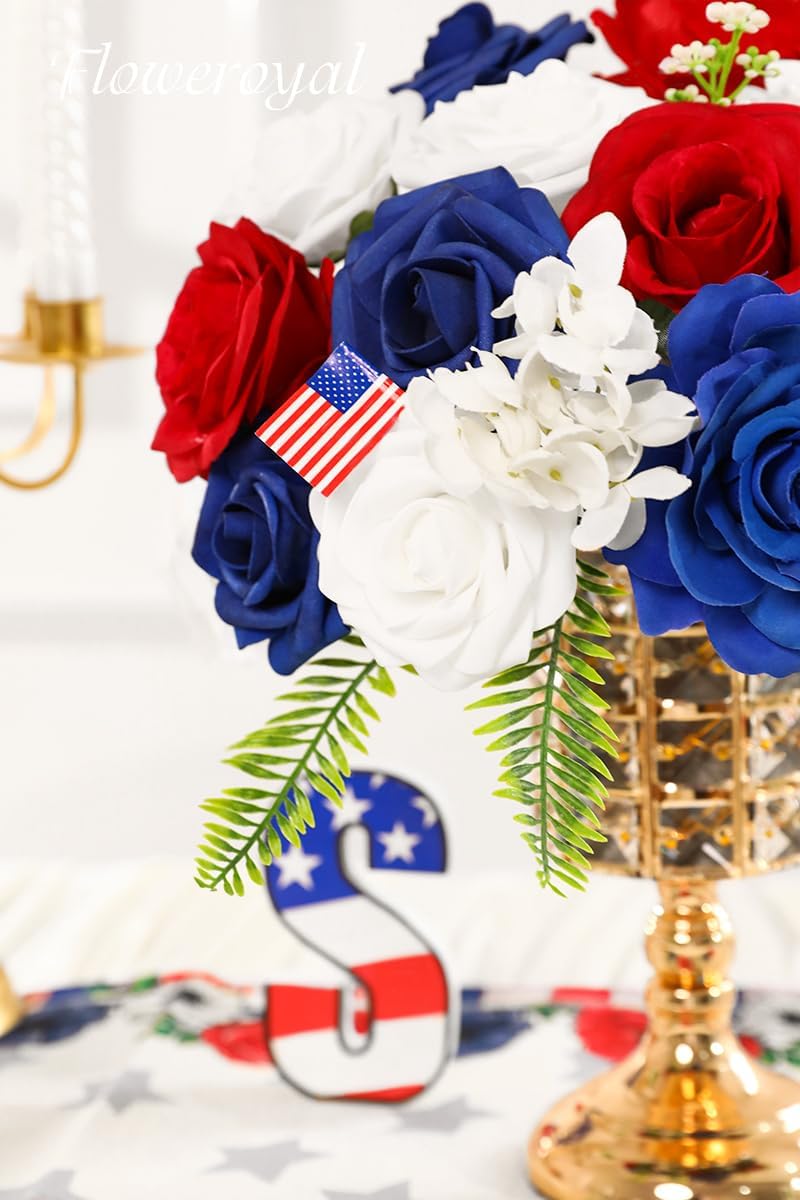 Floweroyal 4th of July Flowers Patriotic Flowers Fake Roses with American Flags for Independence Day, Memorial Day, Floral Arrangement, Table Centerpieces, Home Decorations (Red, Blue, White)