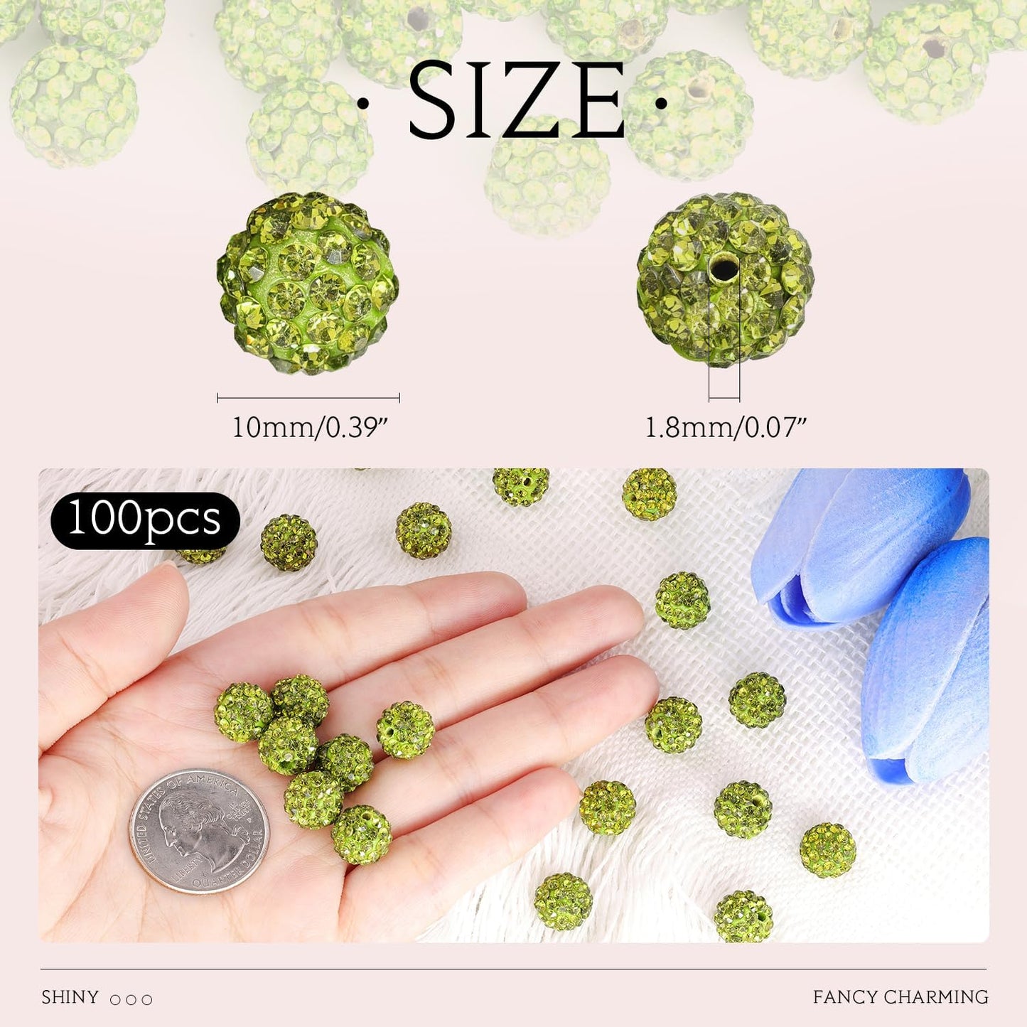 100 pcs 10mm Rhinestone Beads for Jewelry Making, Olivine Shiny Round Shamballa Disco Beads Bulk, Sparkle Crystal Clay Christmas for Bracelet Baseball Necklace Earring Crafting and DIY