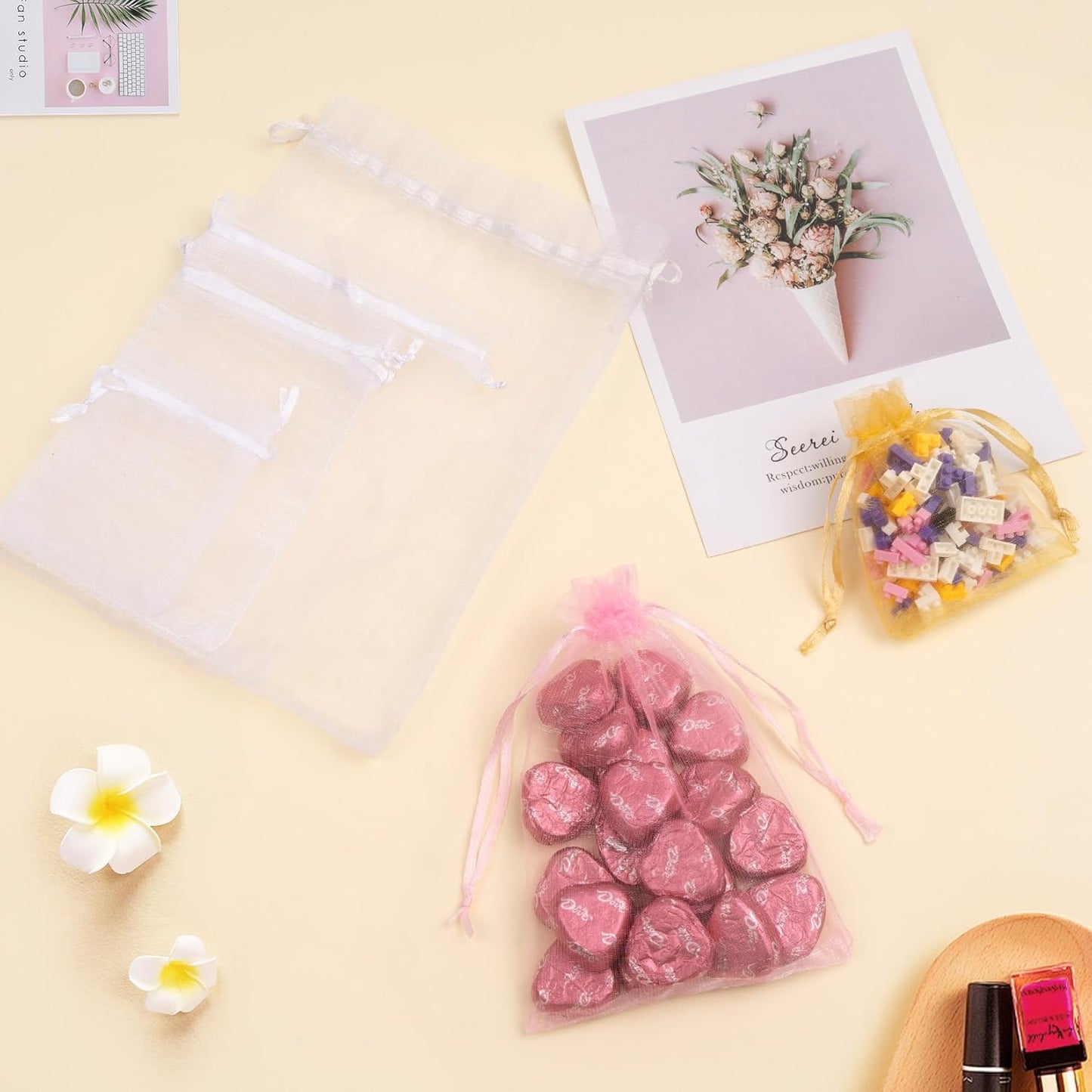 50 Pcs White Organza Bags 3x4 Inch, Small Mesh Gift Bags Drawstring Little Pouches for Party Favor Jewelry Candy