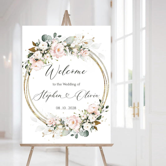 Personalized Wedding Welcome Sign, Gold Circle Pink Flowers Wedding Sign Signage 12" X 18" (Small), 27" (Medium), 36" (Large), Plastic, Modern, Pole Mount, Weather
