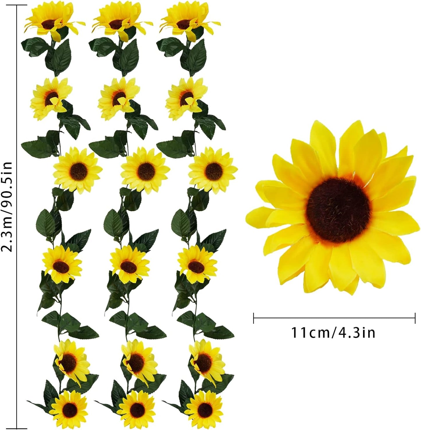 Uieke 3 Pack Artificial Sunflower Garland, 7.5ft/Strand Silk Sunflowers Hanging Vines Flowers with Green Leaves for Room Kitchen Garden Birthday Wedding Baby Shower Party Table Decor Large