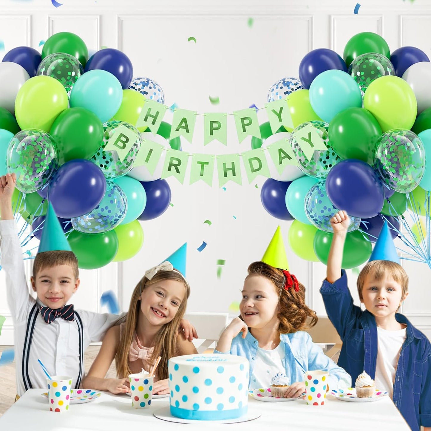 60pcs Blue and Green Balloons 12inch, Navy Blue Lime Green Teal White Confetti Balloons for Dinosaur Baby Shower Birthday Party Decorations