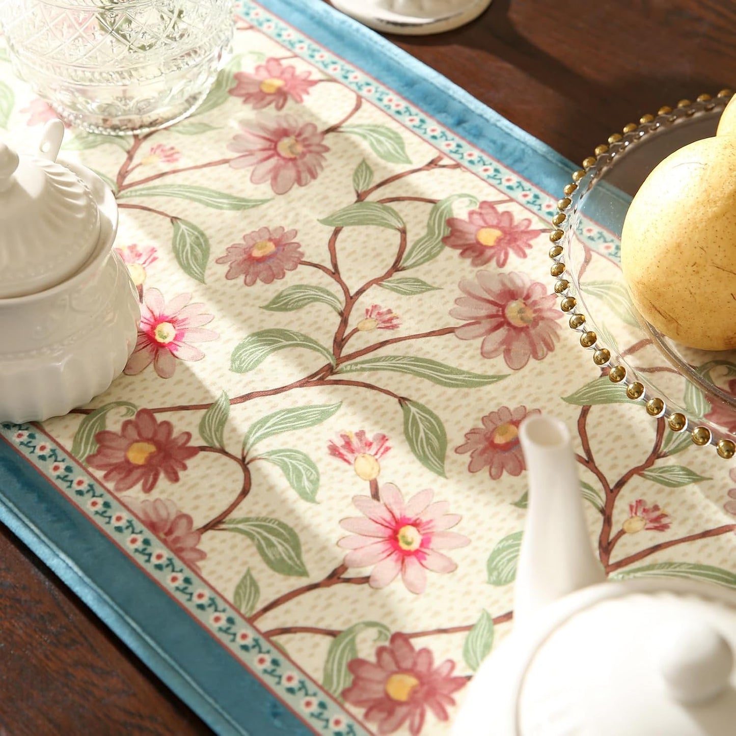 patdrea Designer French Elegant Wild Flowers Velvet Table Runner 71 Inch Long, Beige Pink Floral Pattern Table Mat, Decoration for Kitchen Dining Coffee Table Cabinet Banquet Thanksgiving,12"*71"