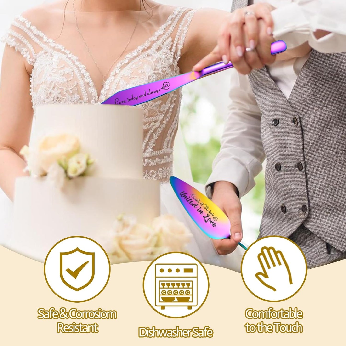 Personalized 4 Piece Wedding Cake Cutting Set, Custom Names Cake Knife and Server set with Forks, Anniversary Birthday Bridal Wedding Registry Gifts (Multi-color)