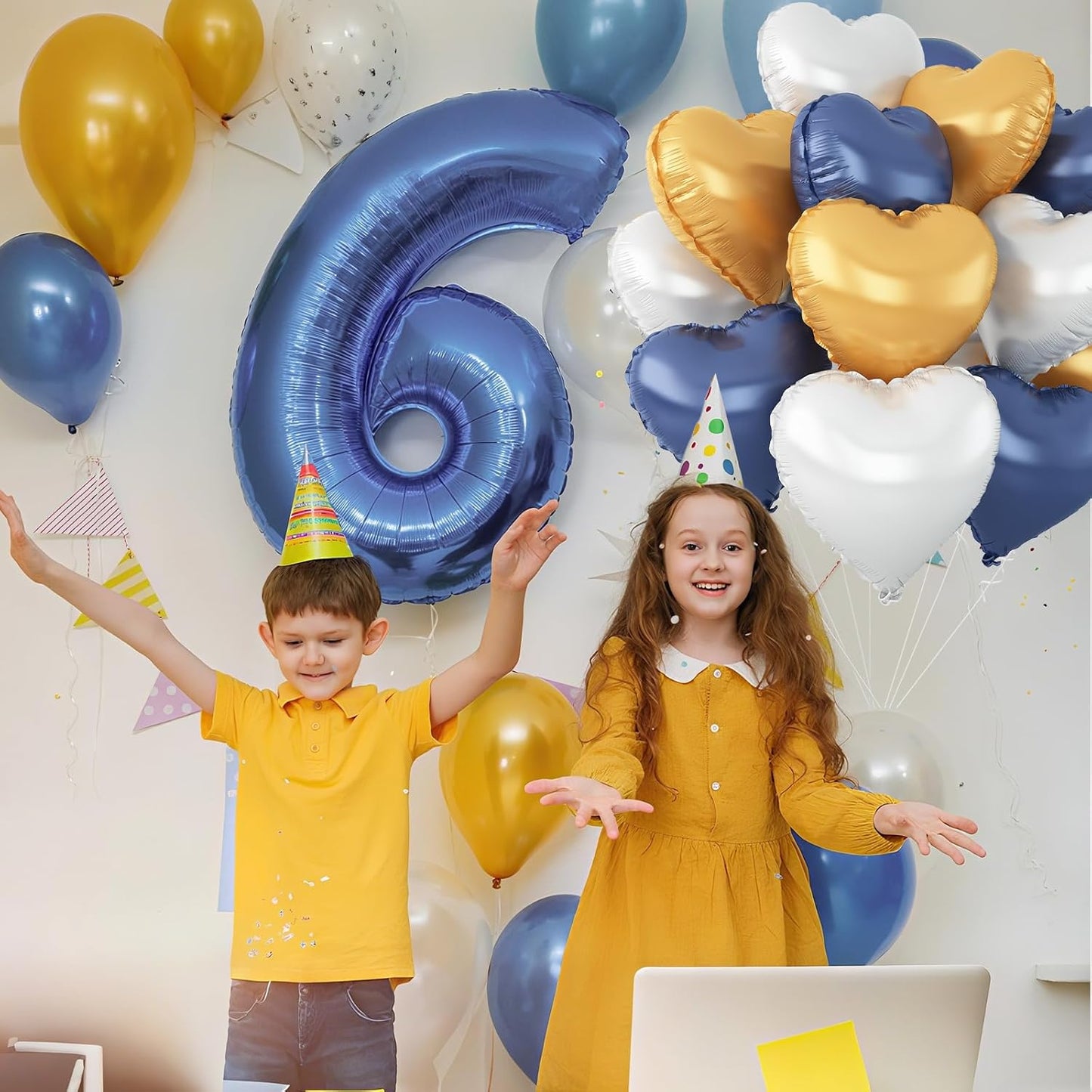 Blue Gold Silver Heart Balloons,12Pcs 18Inch Metallic Blue Gold Silver Heart Shaped Foil Helium Balloons for Graduation Birthday Anniversary Wedding Engagement Party Decorations