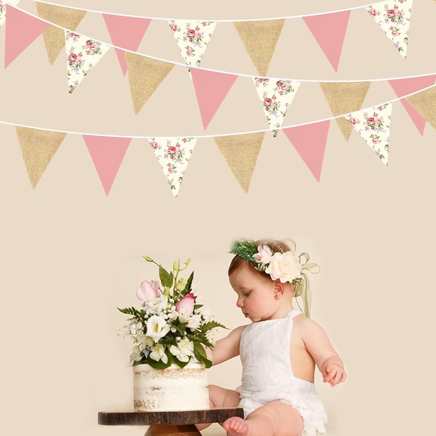 32Ft Flora Party Decorations Blush Rose Pink Burlap Flora Triangle Flag Fabric Banner Pennant Garland Streamer for Chic Tea Party Vintage Birthday Wedding Baby Shower Engagement Rustic Garden Decor