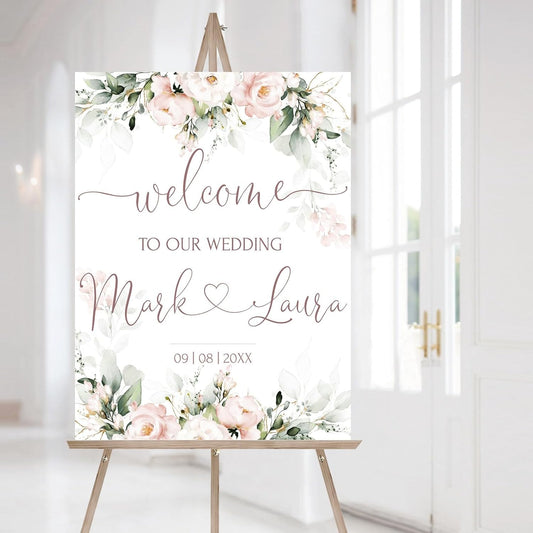 Welcome Wedding Sign Personalized, Soft Floral Pink Wedding Sign Decorations Signage 12" X 18" (Small), 27" (Medium), 36" (Large), Plastic, Modern, Pole Mount, Weather
