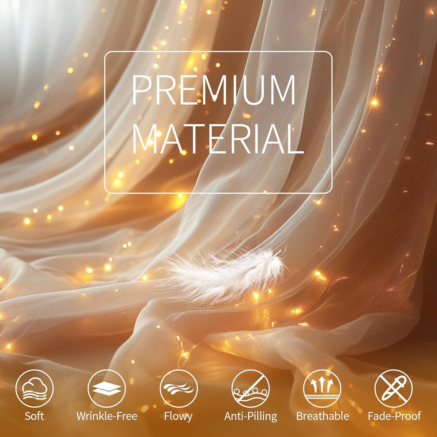 Champagne Tulle Backdrop Curtain with Lights String - 10x10ft Sheer Backdrop with 300 LEDs for Wedding, Baby Shower, Bridal Shower, Birthday Party Photo Shoot Background and Home Decorations