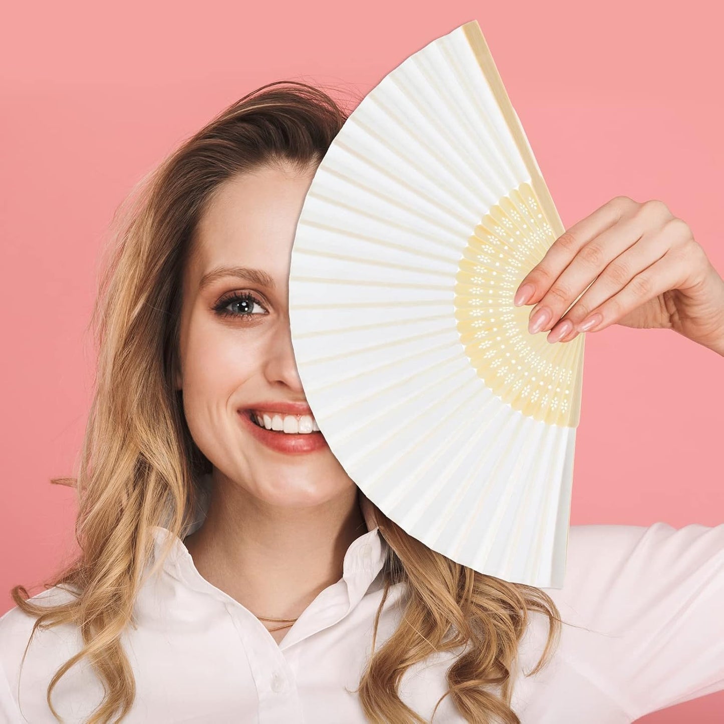 FEPITO 20 Pieces White Handheld Paper Fan Paper Folding Fans with Bamboos for Wedding Gift, Party, Home