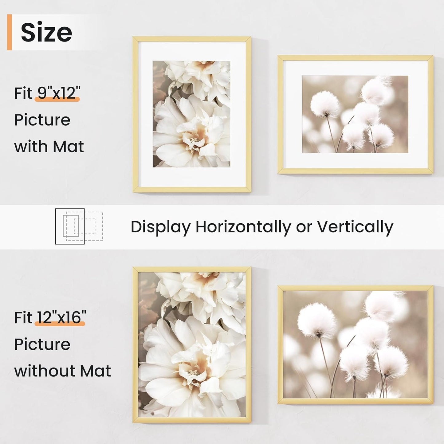 12x16 inch Picture Frame, 12x16 Photo Frames with 8.5x11 Removable Mat - High Definition Plexiglass - Vertical and Horizontal Display - Wall Hanging Frame - Gold, 5 Pack