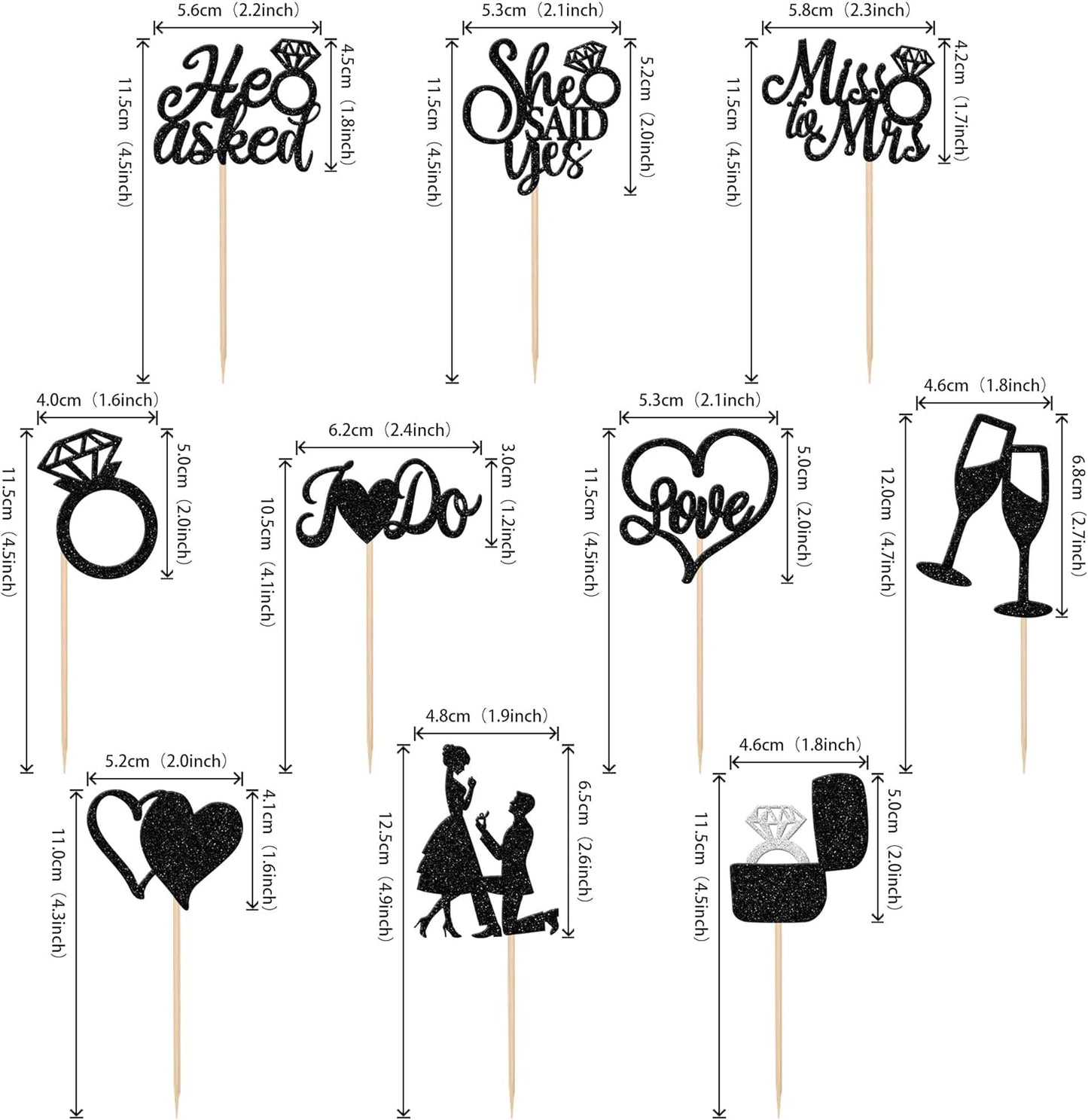 30 PCS He Asked She Said Yes Cupcake Toppers Glitter Engagement Cupcake Toppers Miss to Mrs I Do Love Heart Ring Miss to Mrs Cupcake Picks for Wedding Engagement Party Cake Decorations Supplies Black
