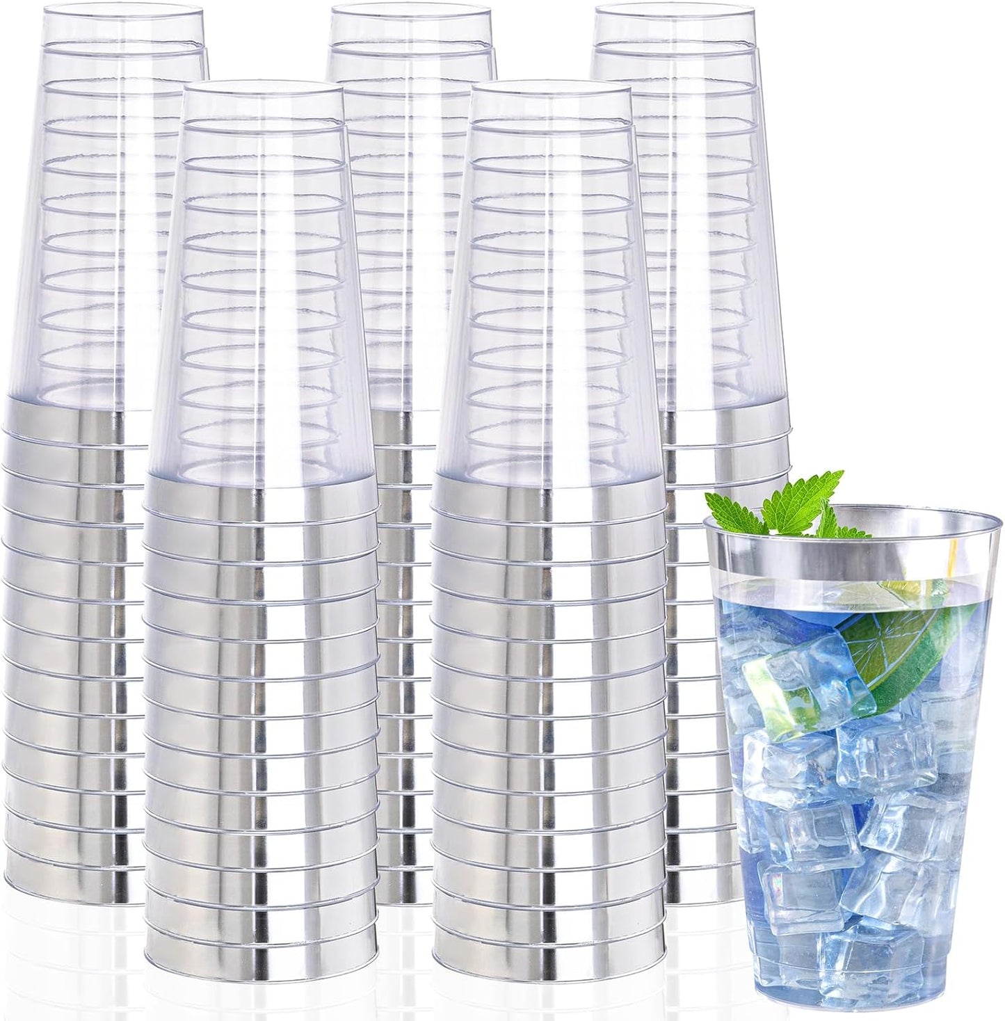 I00000 16 oz Silver Plastic Cups, 100 Pack Clear Plastic Cups,Silver Rimmed Disposable Cup, Heavy-duty Disposable Tumblers Perfect for Party, Holiday, Wedding & Birthday