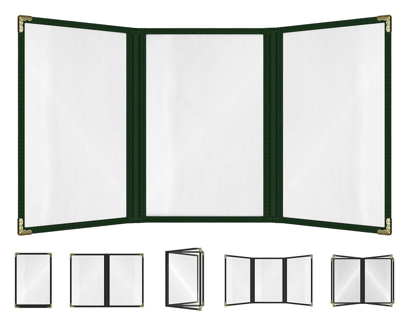 Goodsmart Restaurant Menu Covers – 25 Pack Green 6-View Trifold 8.5" x 11", Side-Loading Vinyl & Plastic Menu Holders, Clear Menu Sleeves, Leather-Style Café Covers with Gold Corners