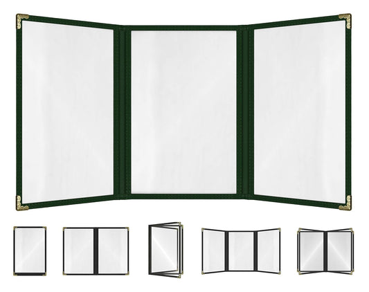 Goodsmart Restaurant Menu Covers – 25 Pack Green 6-View Trifold 8.5" x 11", Side-Loading Vinyl & Plastic Menu Holders, Clear Menu Sleeves, Leather-Style Café Covers with Gold Corners