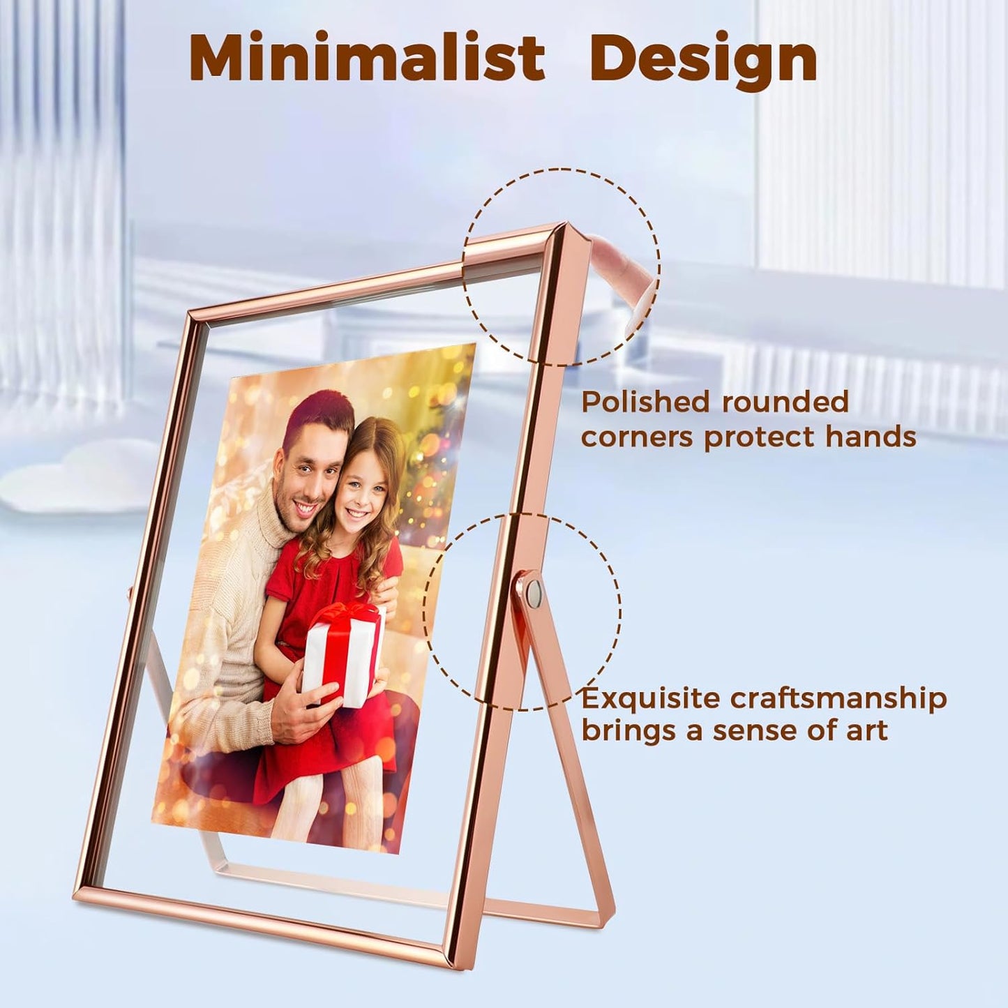 Rose Gold Floating Picture Frame, 6"x8", Vertical, For Picture 5x7, 4x6, 3x5, Medium Tabletop Photo Frame, Classy Gift For Holiday, Birthday or Wedding, Home or Office Décor