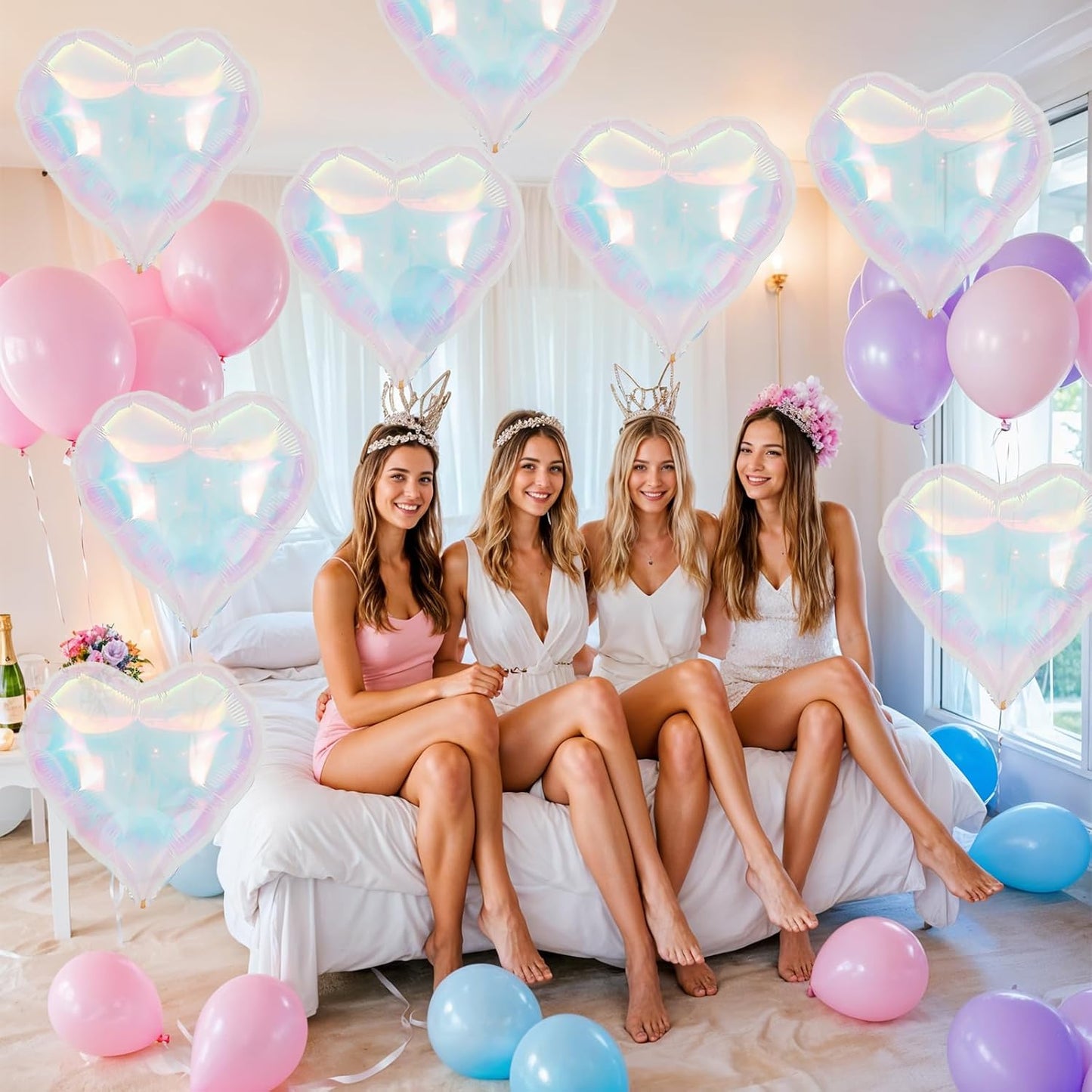 Iridescent Heart Balloons, 18 Inch Iridescent Holographic Heart Shape Balloon, 9PCS Clear Heart Balloon for Birthday Baby Shower Mermaid Rainbow Wedding Party Decorations