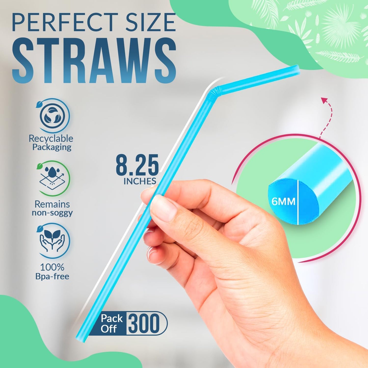 Weemium Compostable Straws Disposable 300 Pack | 100% Plant-Based Plastic-free, Disposable and Biodegradable | Flexible Colorful Drinking Straws are Best Alternative to Plastic