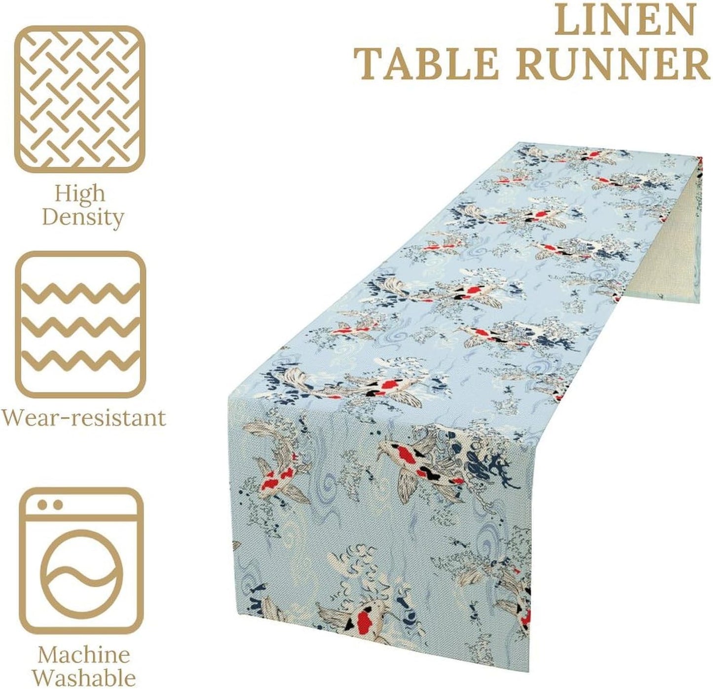 Kio Fish Table Runner Waves Retro Japanese Tradition Art Printed Burlap Runner Home Kitchen Dining Table Living Room Decor Fabric 1 Panel W13xL108in