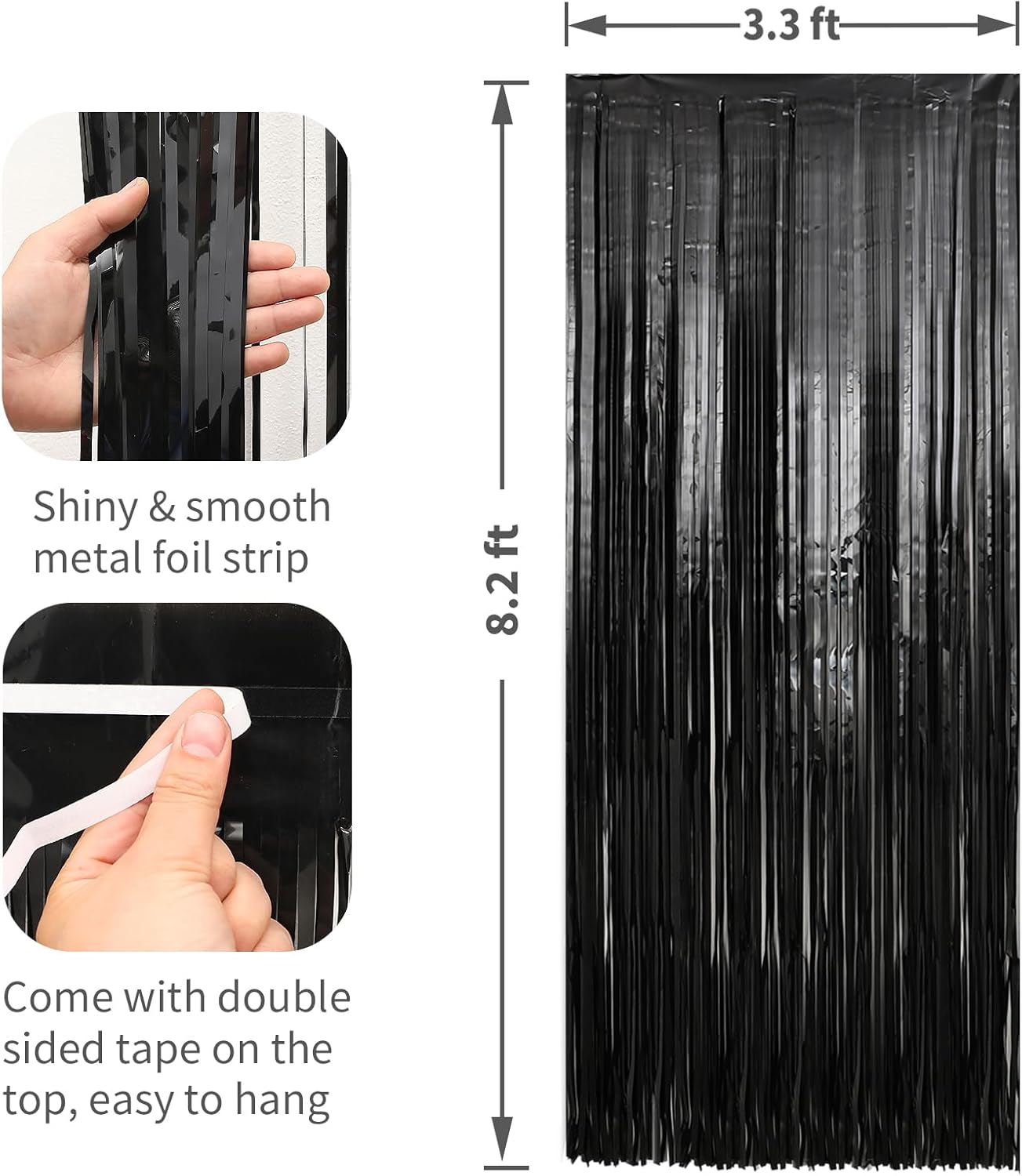 2 Pack Black Foil Fringe Curtains Streamers Party Decorations 3.3 x 8.2 ft, Black Tinsel Curtain Fringe Backdrop for Parties, Door Fringe Birthday Streamers, Photo Booth Backdrops, Party Decor