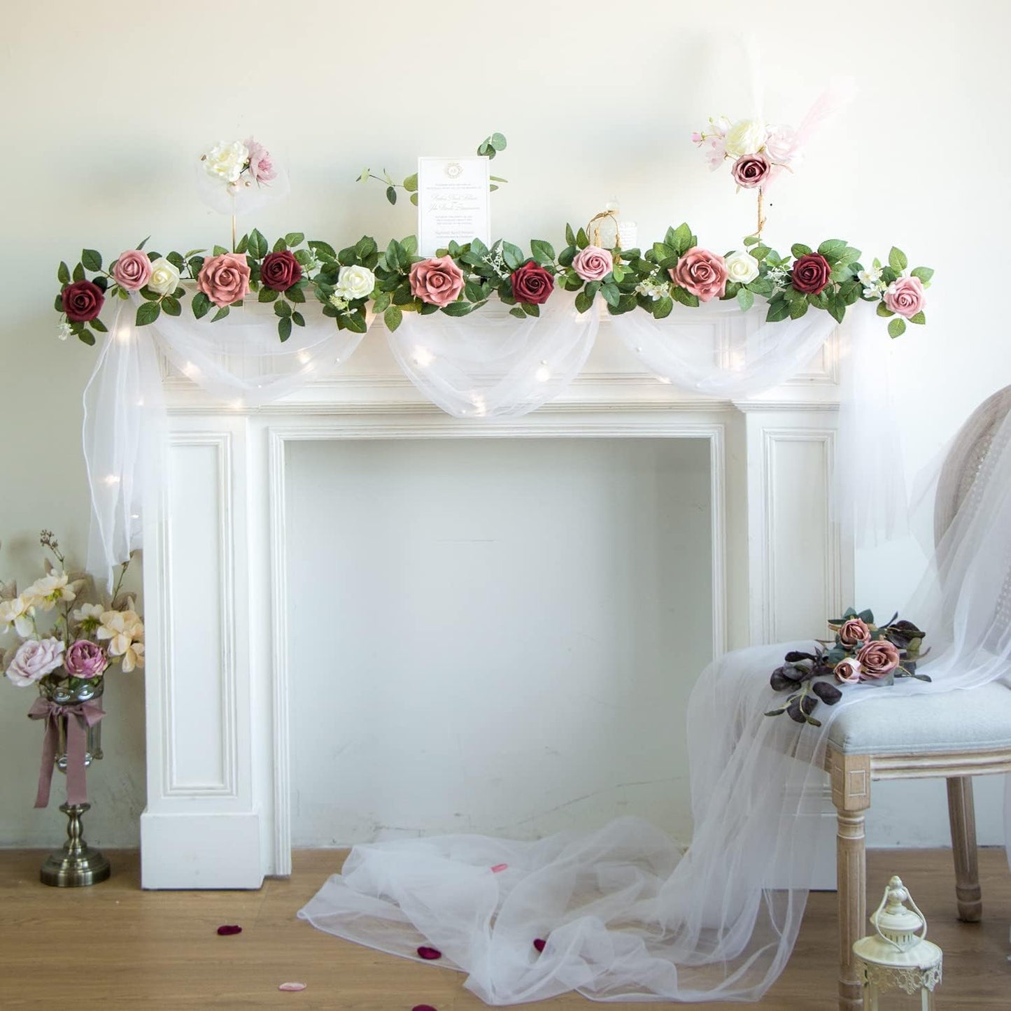 PONATIA 5FT Burgundy Artificial Flowers Garland, Dusty Rose Flowers Garland for Wedding Ceremony Garlands Backdrop Arch Flowers, Table Christmas Decorations (Burgundy & Ivory)