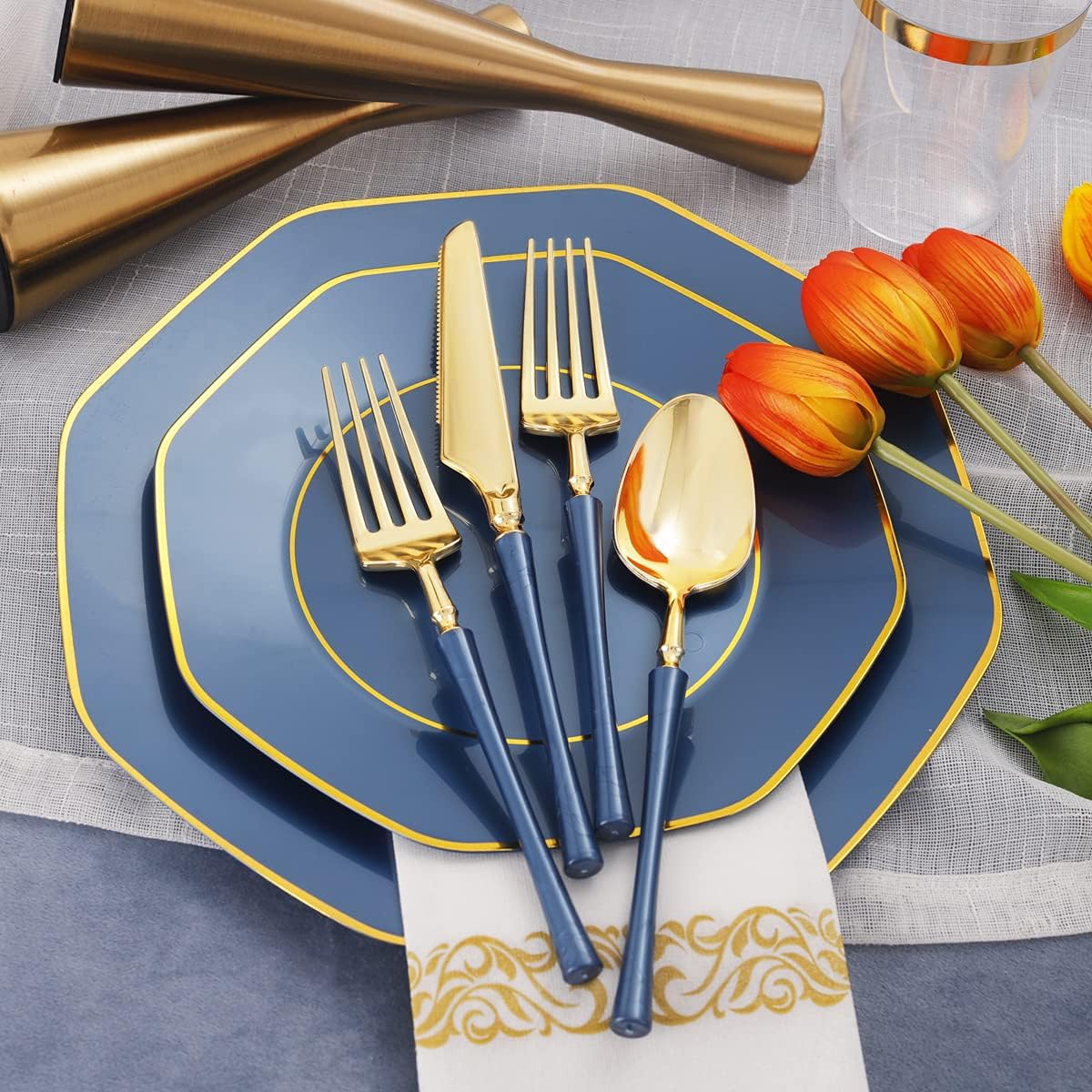 KIRE 140Pcs Blue Plastic Plates with Gold Rim - Gold Disposable Plastic Silverware with Blue Handle&Clear Cups&Hand Napkin - Geometric Party Plates for Holiday/Party