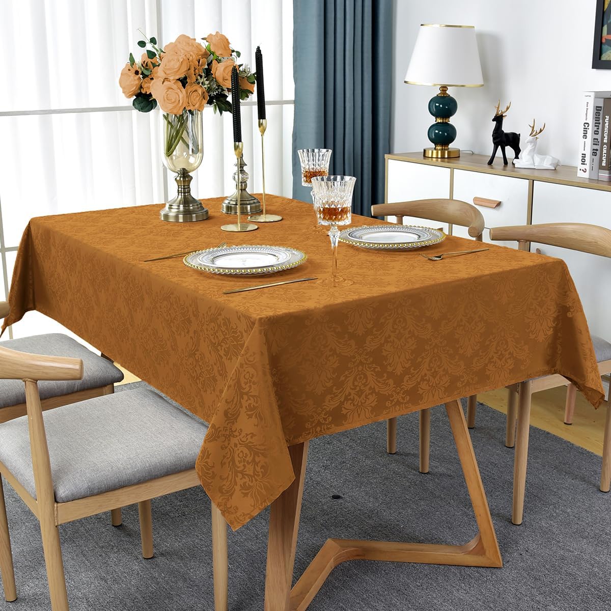 SASTYBALE Fall Tablecloth Square 52 x 52 Inch Spill Proof Washable Autumn Jacquard Damask Card Table Cloth, Polyester Fabric Table Cover for Thanksgiving, Harvest, Holiday, Brown/Amber