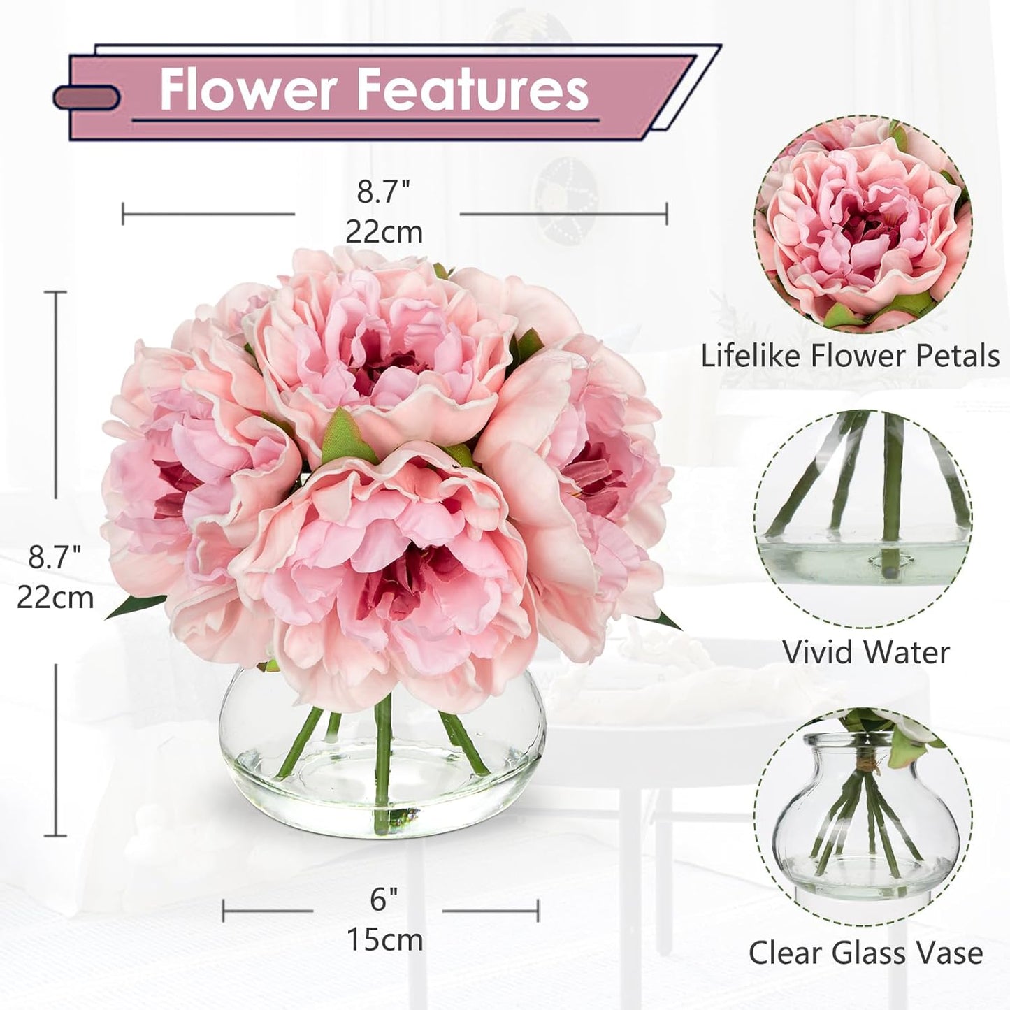 Hollyone Light Pink Peonies Artificial Flowers with Vase Faux Flowers Peony Fake Flowers Silk Flower Arrangements in Glass Vase with Faux Water for Bathroom Table Centerpiece Shelf Home Decor