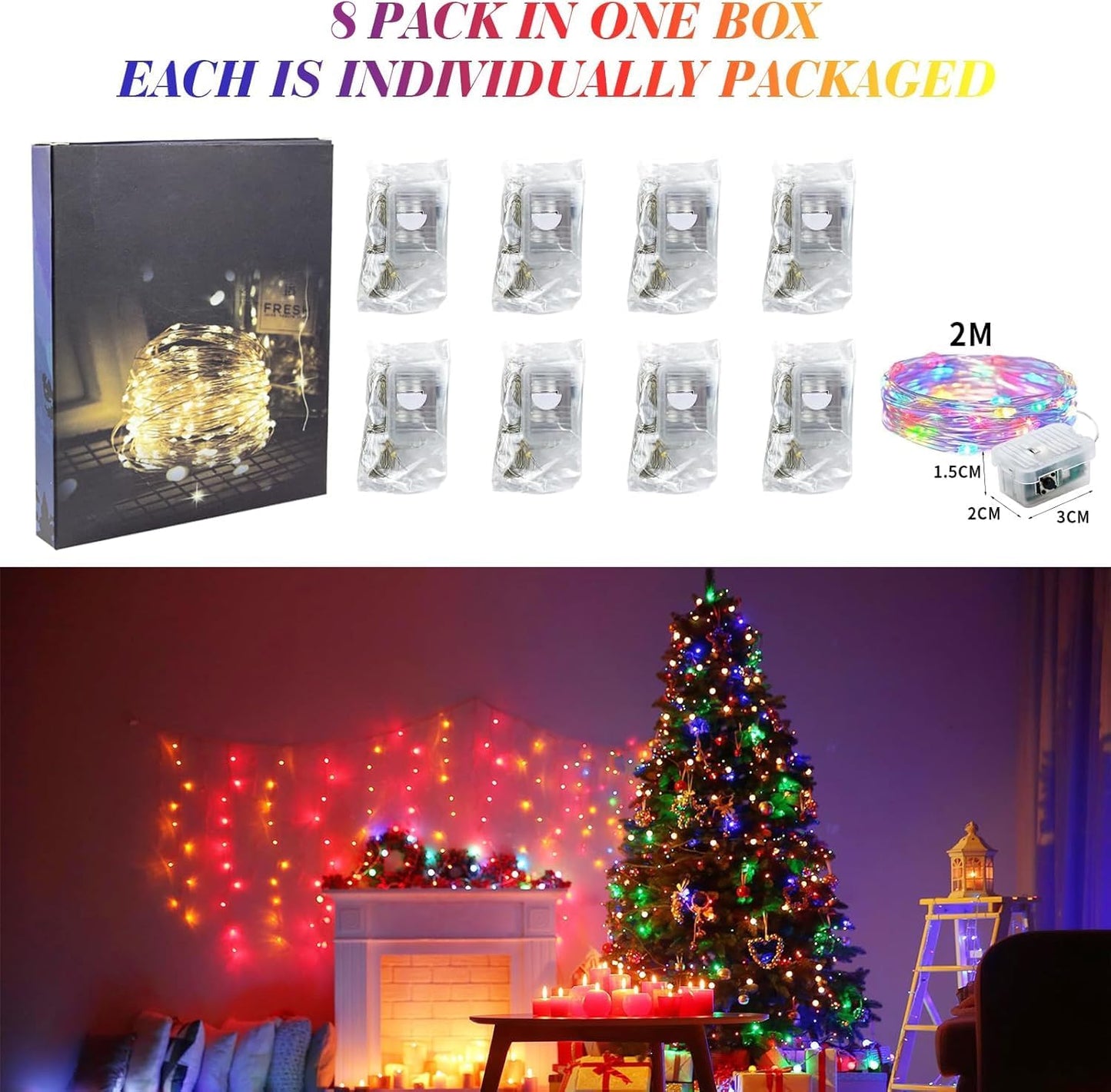 ZGWJ 8 Pack Fairy Lights Battery Operated, 7ft 20 Mini LED Fairy String Lights Silver Wire 3 Modes for DIY, Parties, Wedding, Bedroom, Halloween Christmas Decoration Multicolor