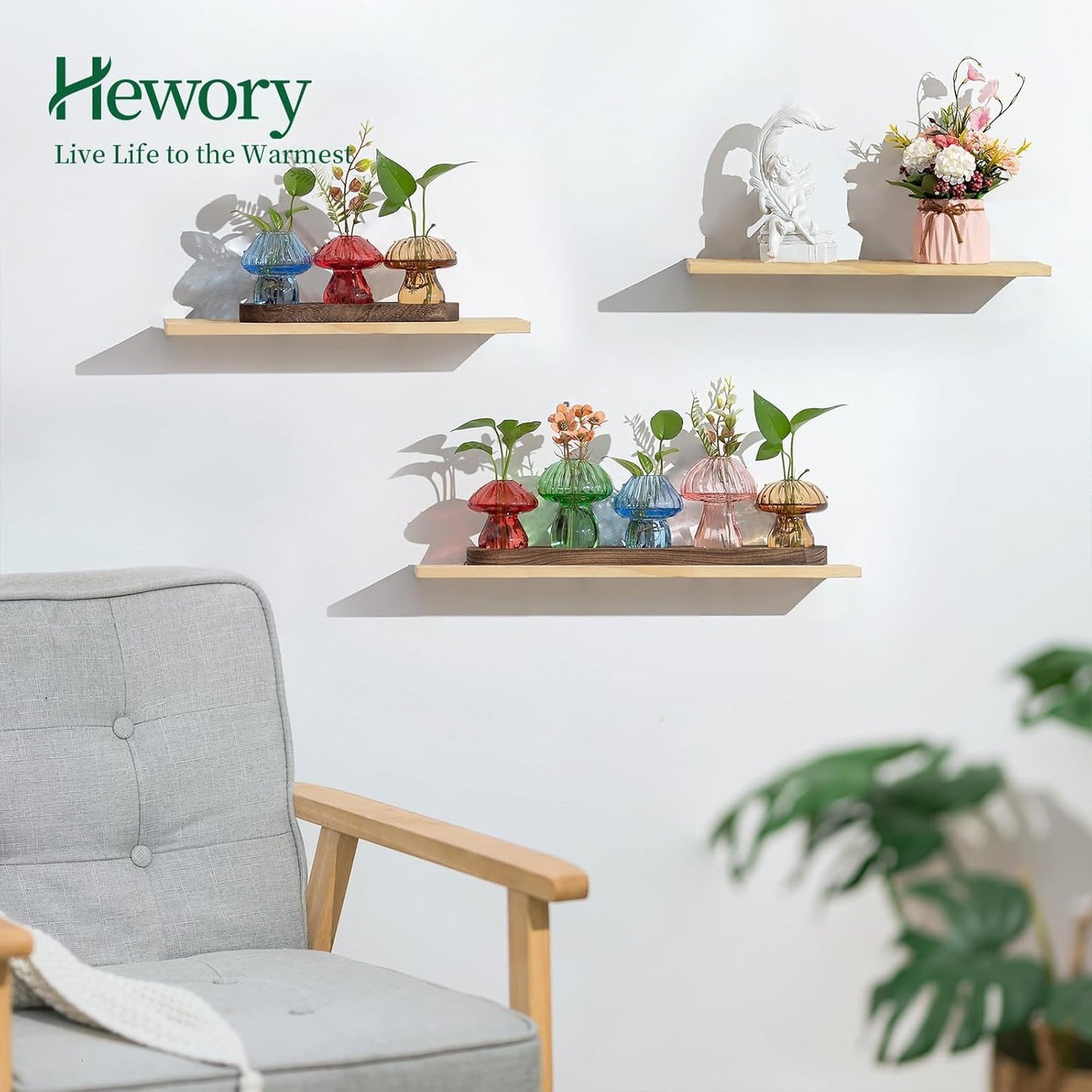 Glass Propagation Station for Plant: Mushroom Planter with Wooden Stand for Home Office Decor - Unique Propagation Jars for Plant Lovers - Set of 3 Hydroponic Mushroom Vases Gift for Mom