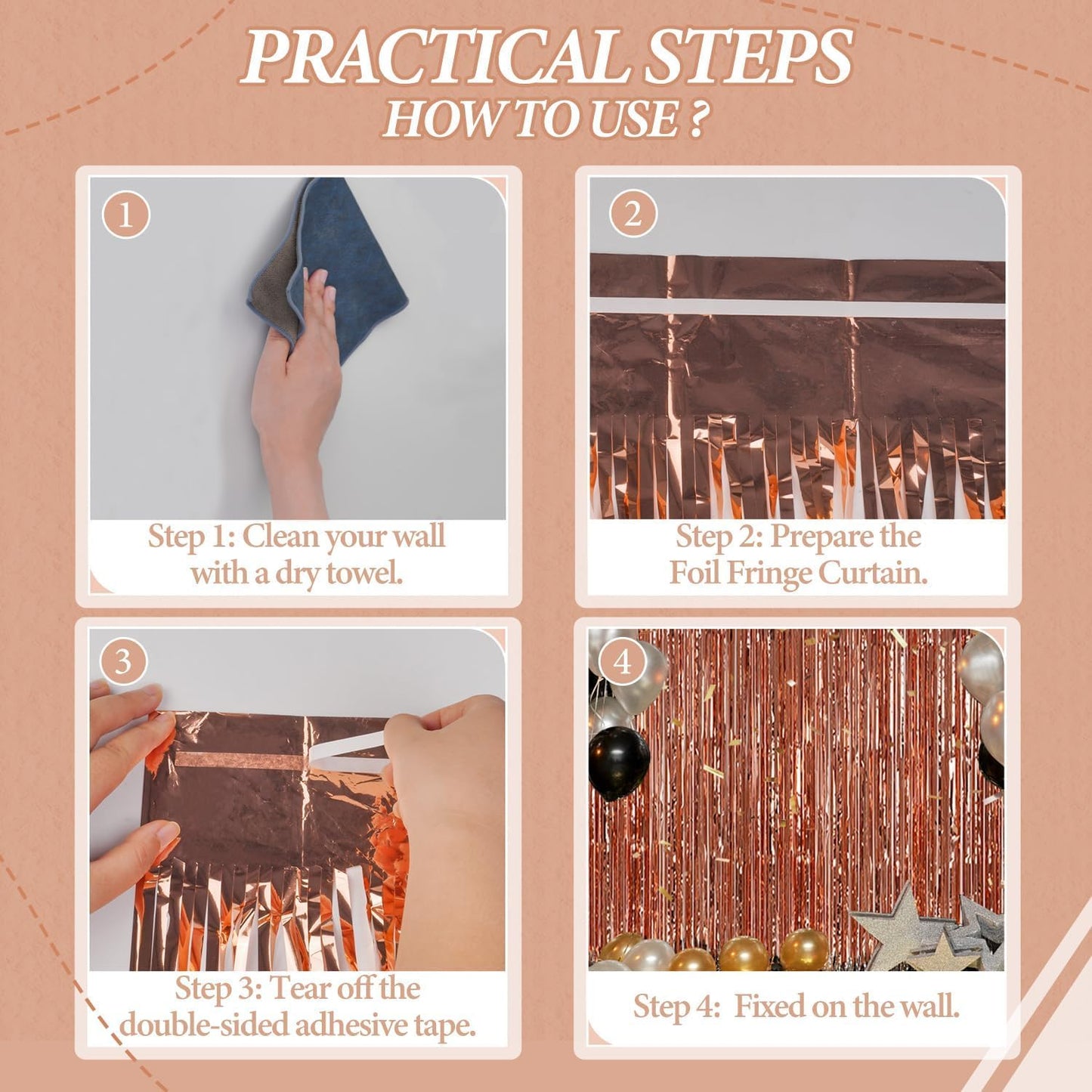 3 Pack Foil Fringe Backdrop - Rose Gold Shiny Tinsel Curtains for Party Decoration/Photo Booth Props - 3.3x8.2 FT Metallic Foil Backdrop for Birthday, Wedding, Graduation, Christmas.