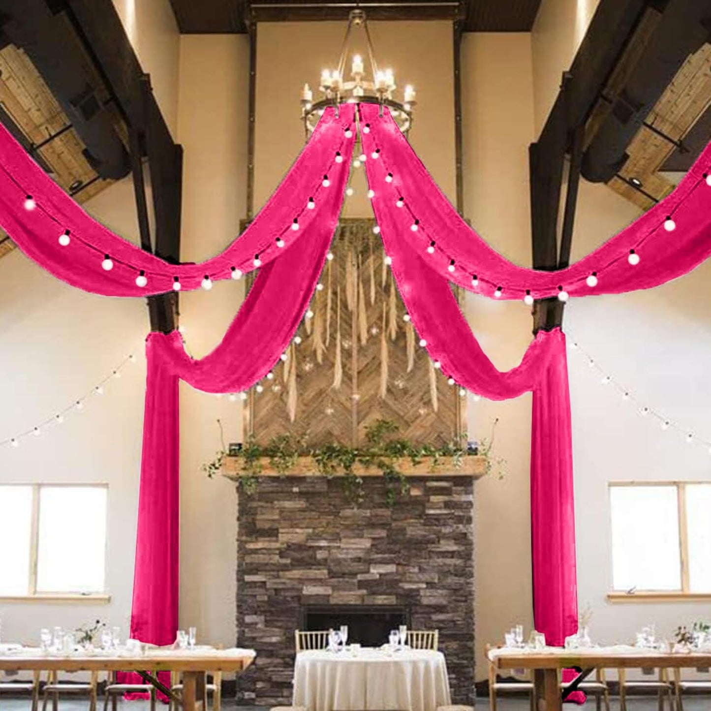 MODFUNS Wedding Ceiling Drapes Hot Pink Ceiling Drapery 5x20ft 2 Panels Sheer Arch Drapery Chiffon Curtain Drapes Tulle Ceiling Fabric Draping Fabric Party Stage Prom Ceremony Decor