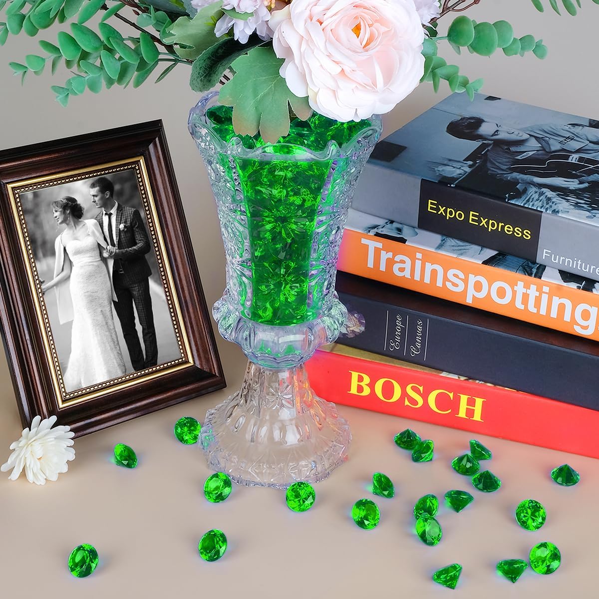 Acrylic Diamond Fake Gems Vase Filler, Babenest 240pcs 3/4 Inch Faux Diamonds Crystals Jewels for Table Scatters Wedding Party Event Arts & Crafts Birthday Decoration Favor (240, Green)