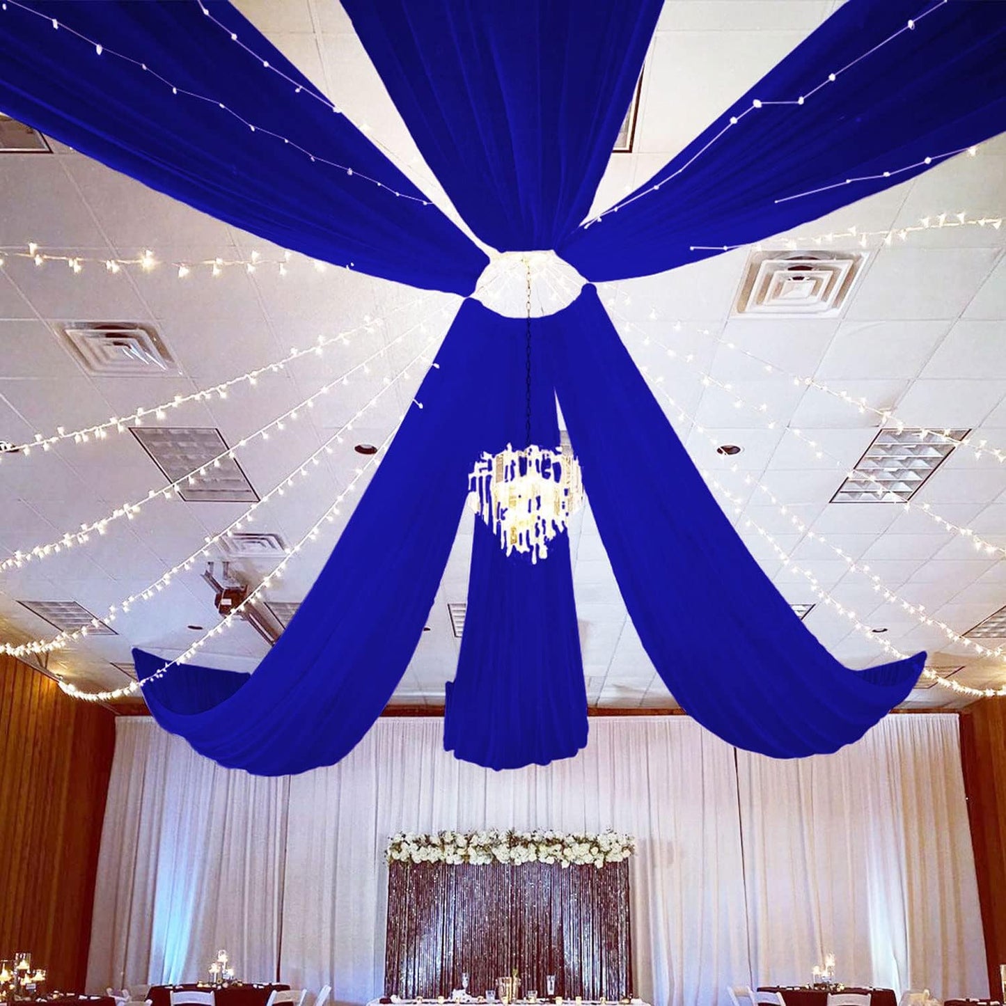 FUHSY Royal Blue Ceiling Drapes for Wedding Arch Draping Fabric Chiffon Wedding Drapery 4 Panels 5x20FT Sheer Curtains Drapes Tulle Backdrop for Reception Party Ceiling Decorations Arch Drapes Wedding