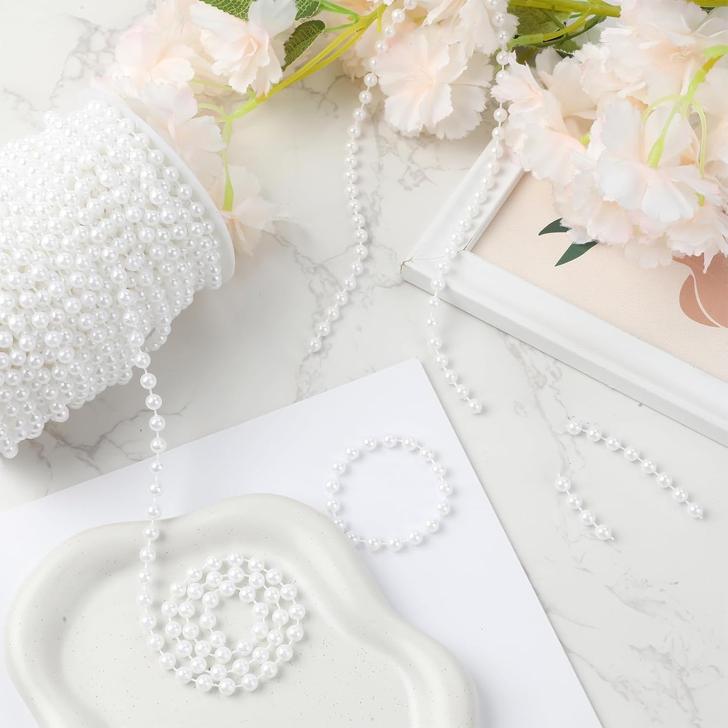 Pearl Beads Garland, 6 MM White Faux String of Pearls, Pearl Garland for Christmas Tree 82FT Pearl Beads Strand Spool Bead Roll for Crafts Floral Centerpieces Wedding Party Christmas Tree Decorations