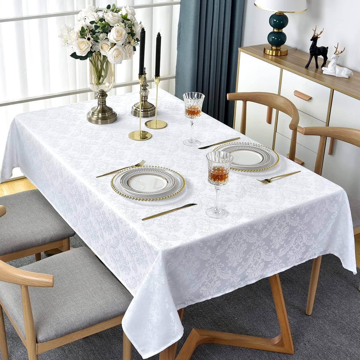 SASTYBALE White Tablecloth Rectangle 60 x 120 Inch Jacquard Damask Tablecloth, Spill Proof & Wrinkle Free Table Cloth, Heavy Duty Table Cover for Dining, Party, Indoor, Outdoor