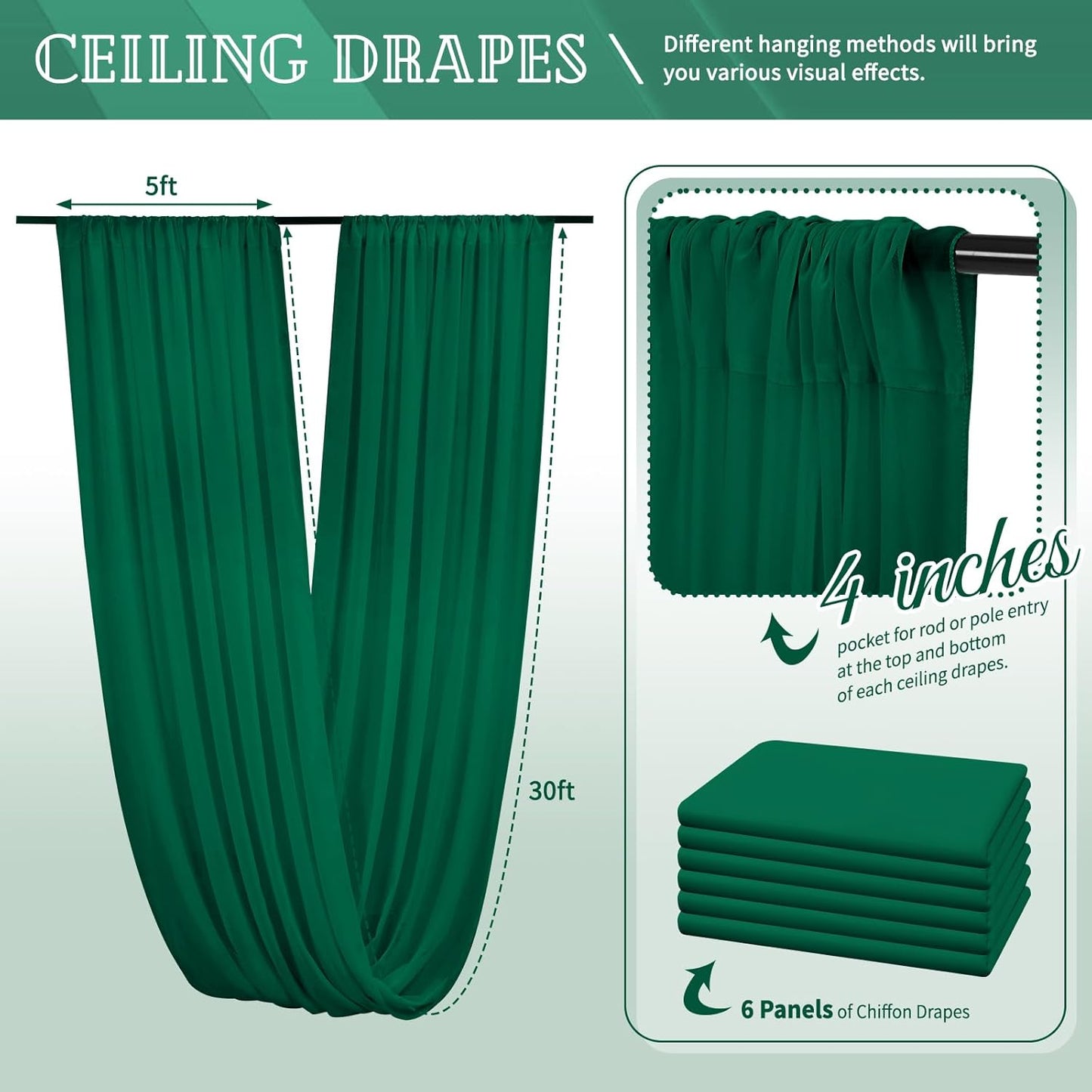6 Panels Emerald Green Ceiling Drapes for Wedding 5ftx30ft Chiffon Fabric Arch Draping Curtains Sheer Drapery for Party Ceremony Birthday Baby Shower Reception Stage Swag Ceiling Decorations