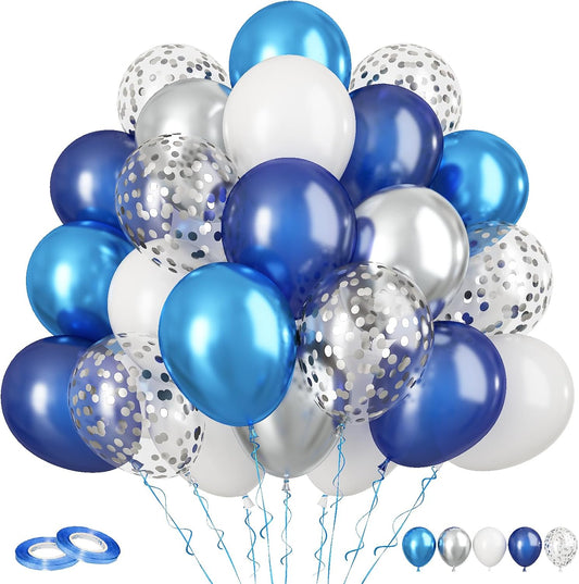Navy Blue & Silver Balloons - 60pc Metallic & Latex Mix, 12" White Balloons with Silver Confetti for Birthday, Baby Shower, Graduation & Wedding Parties