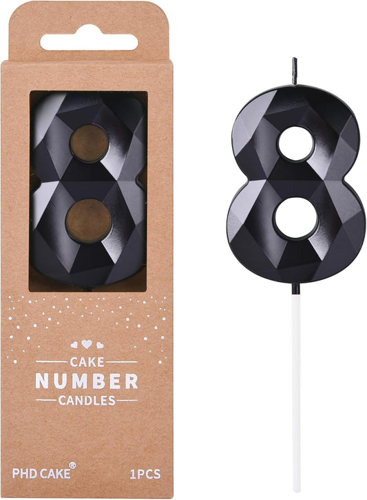 PHD CAKE 2.76 Inch Crystal Black 8 Number Birthday Candles, Red Number Candles, Cake Number Candles, Party Celebration