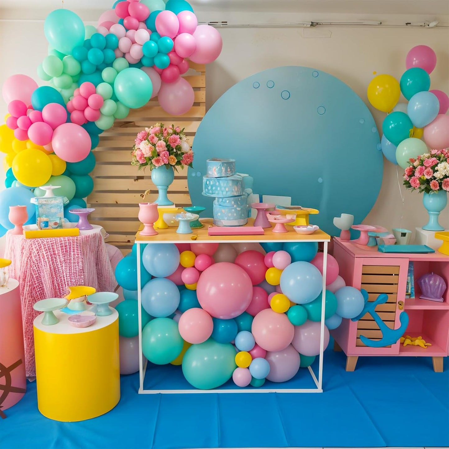 Colorful Cartoon Shark Balloons, 60PCS Pastel Pink Green Blue Yellow Clear Metallic Dark Green Latex Balloons for Ocean Baby Shower Under the Sea Birthday Theme Party Decorations Supplies