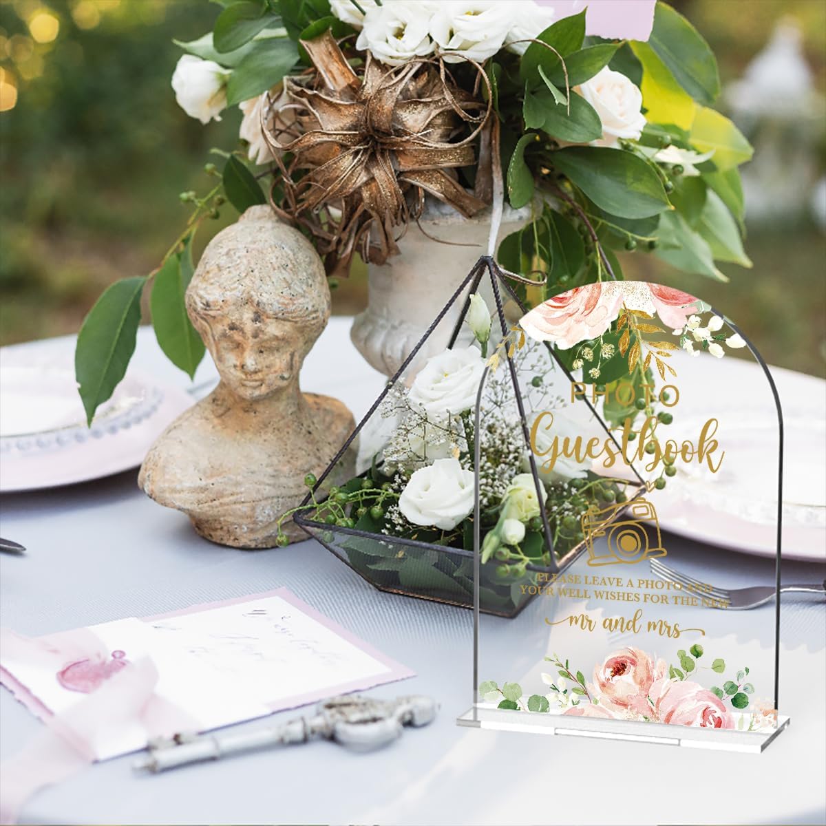 Acrylic Wedding Signs, Bridal Shower Decorations, Photo Guestbook Signs for Reception, Modern Calligraphy Arch Acrylic Table Top Sign for Wedding Reception and Engagement Parties (Clear Pink Flowers)