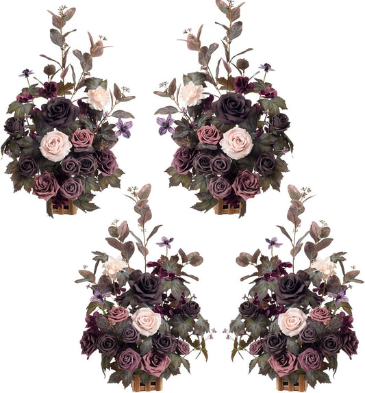 Ling's moment 17.5" Tall Standing Artificial Flowers Arrangements 4 pcs Fall Wedding Aisle Runner Chair Decorations Deep Plum Centerpieces for Ceremony Reception Rose Floral Party Outdoor